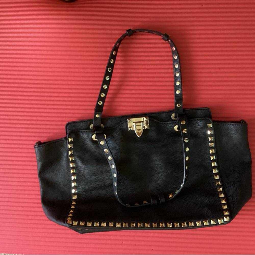 Black Studded Leather Tote Bag - Elegant Everyday Carry